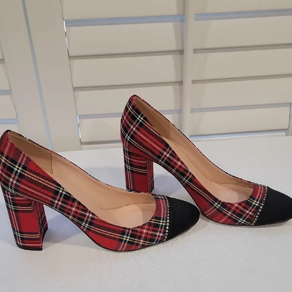 J. Crew Red and Black Stewart Tartan Plaid Heels - Picture 3 of 8